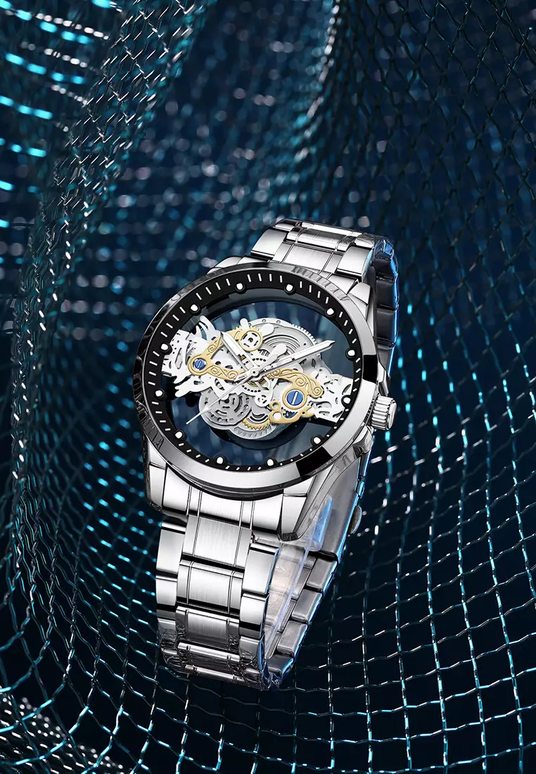 Jam Tangan Pria HD Luminous Function Hollow Dial Tali Stainless Steel Anti Air Jam Tangan Cowok silver white