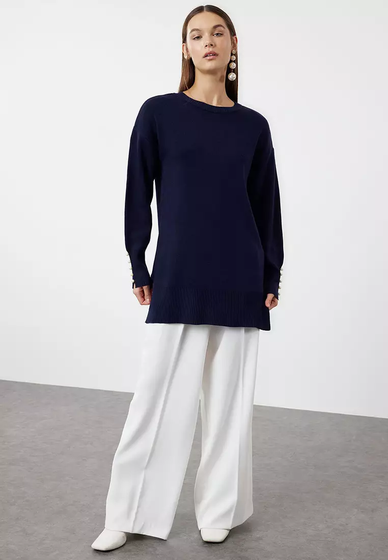 Navy Blue Pearl Detailed Knitwear Sweater Tctaw25Ak00007