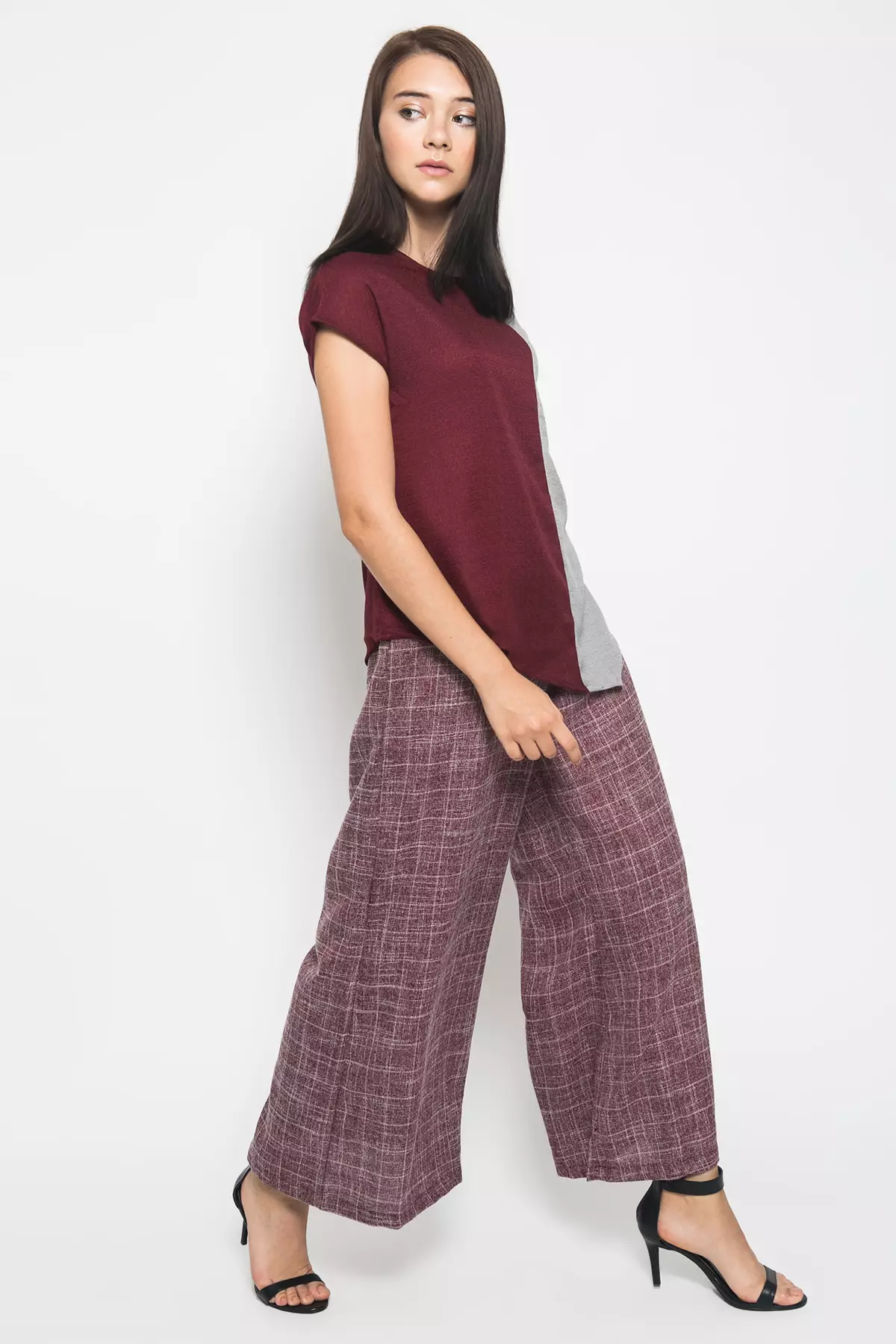 Nola Assymetrical Blouse In Maroon & Grey