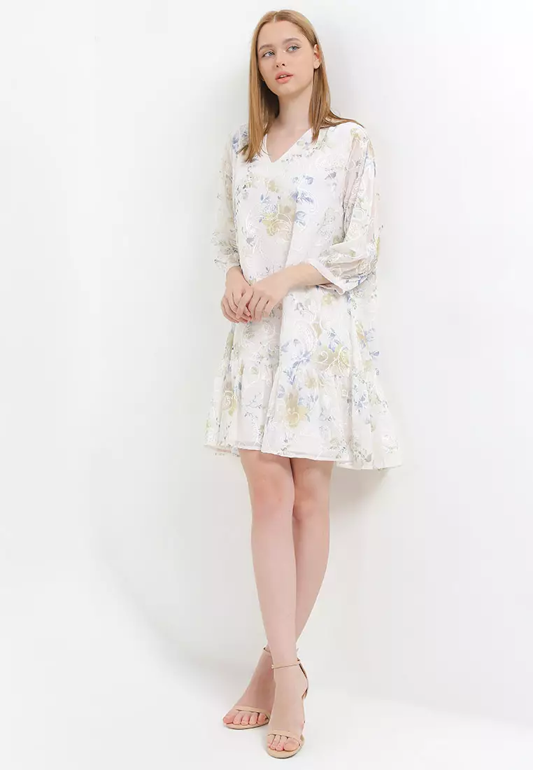 L/S V-Neck Flo Print Parsley Emb Chiffon Ruffle Hem Dress