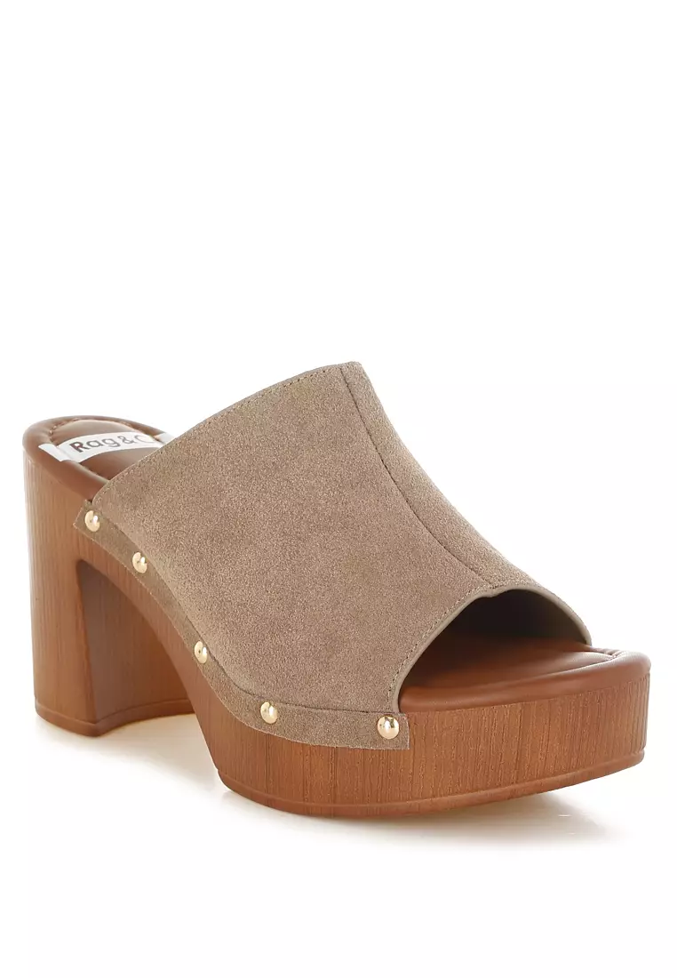 Soft Suede Leather Wooden Clogs In Taupe