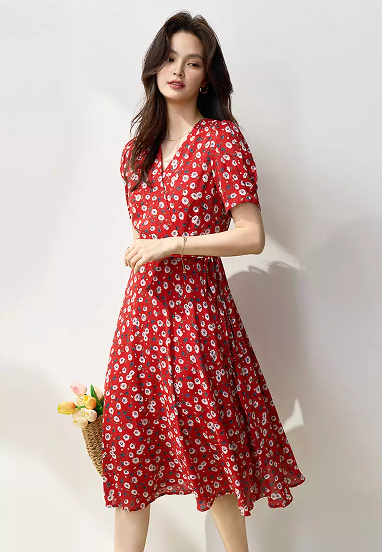Buy Sunnydaysweety Floral chiffon French puff sleeve tea dress