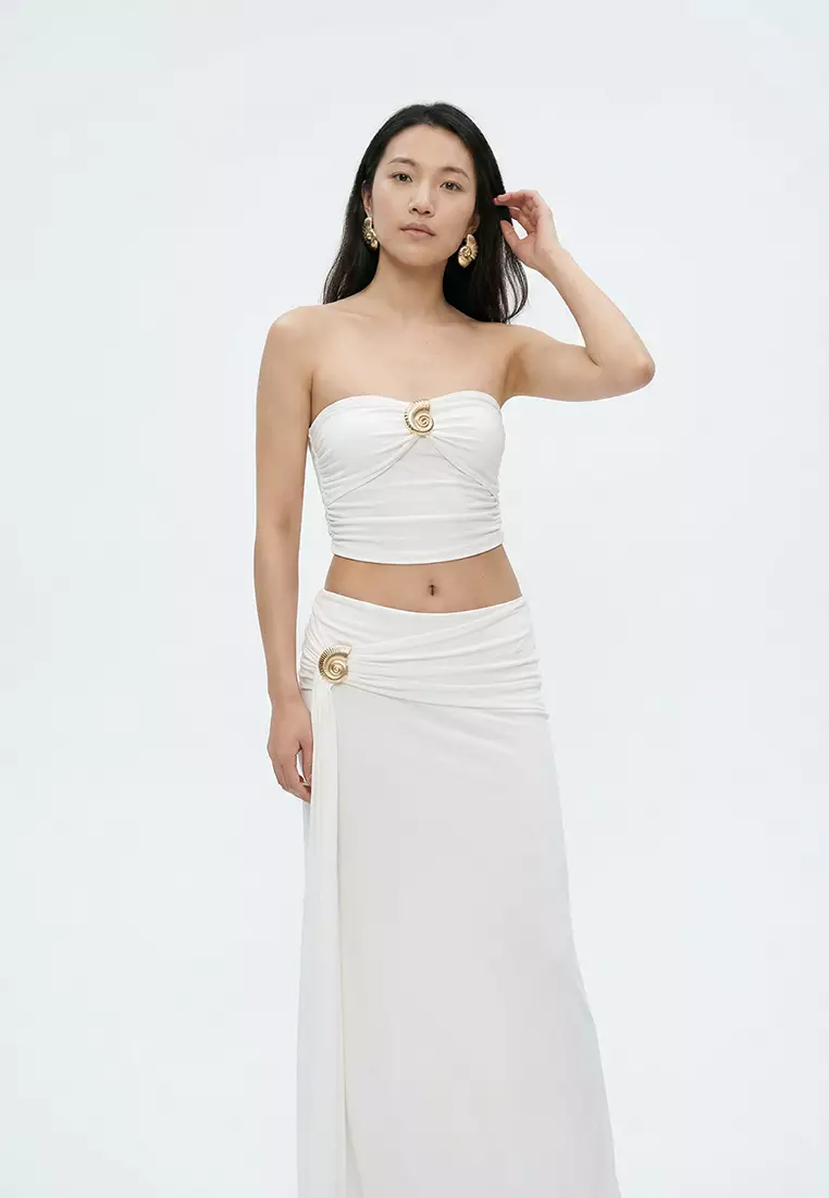 Limited Edition White Body Fitted Knitted Long Skirt with Accessory Detail Tprss25Et00004