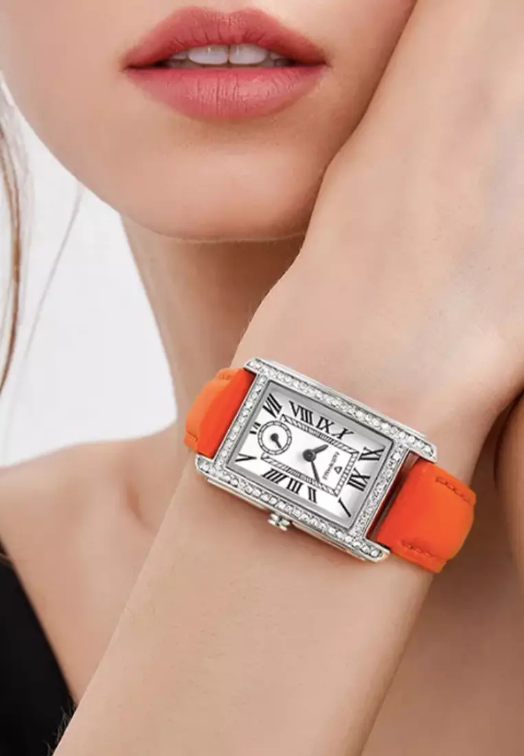 Ladies Stainless Steel Quartz Watch, Orange Leather Strap