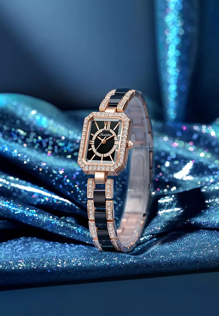 Jam Tangan Wanita Original Korea Kuasar Berlian Square Tali Stainless Steel Anti Air Jam Tangan Cewek black