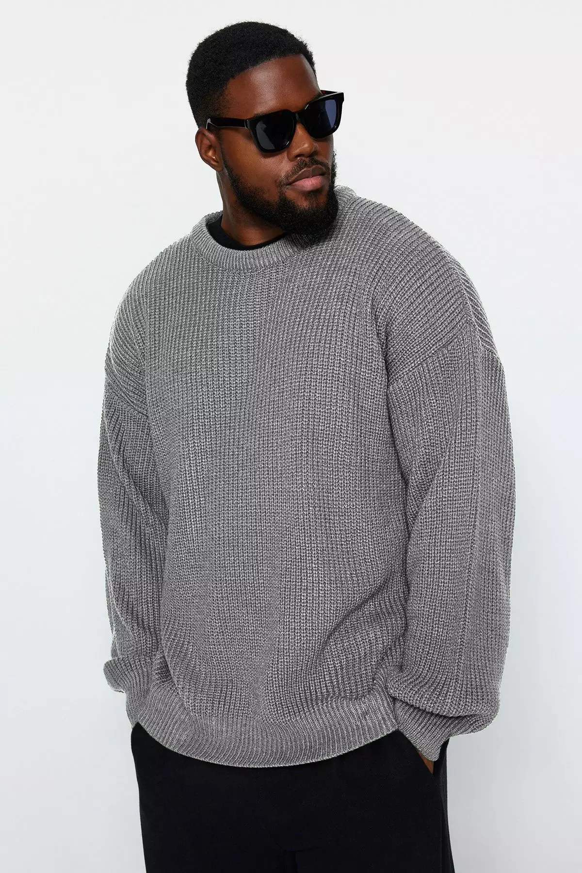 Men's Oversize Gray Knitwear Sweater - Crew Neck, Plus Size Tmnaw24An00001
