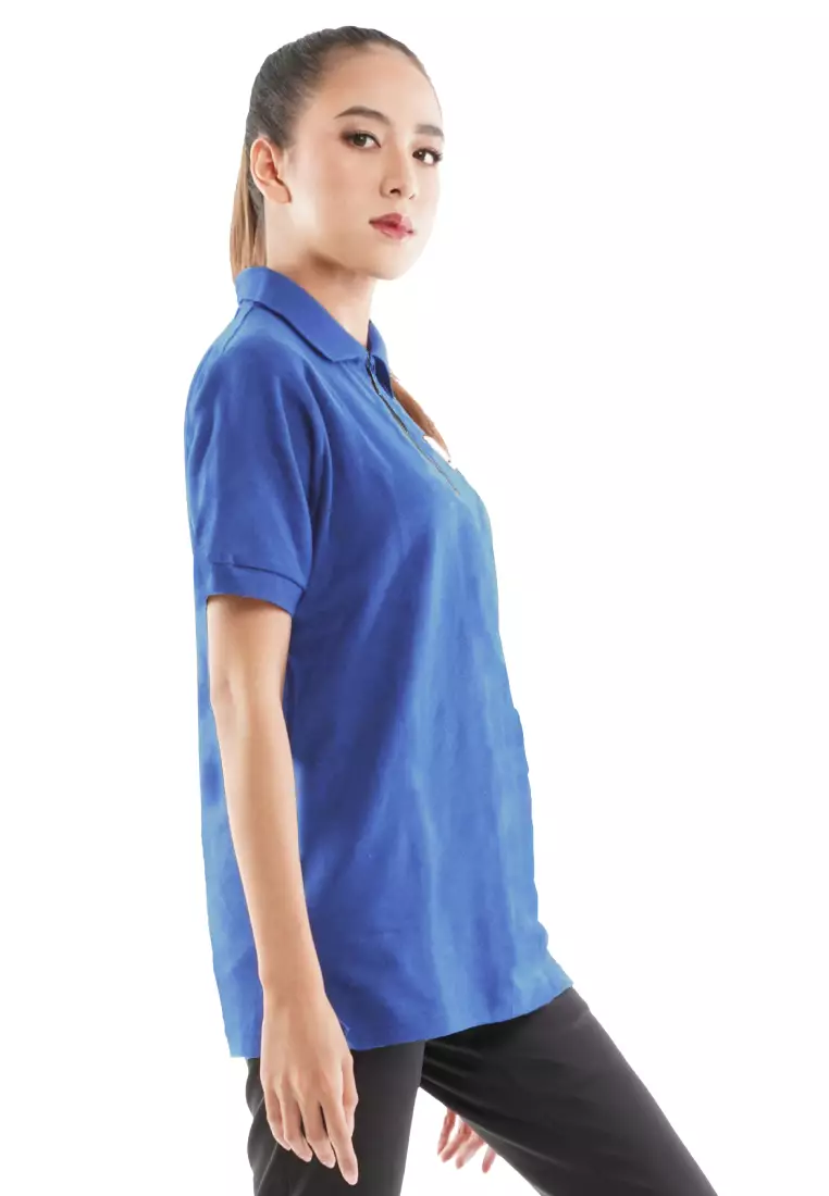 Tiento Women Polo Shirt True Basic HDC Blue Baju Tenis Kaos Kerah Resleting Lengan Pendek Pakaian Wanita
