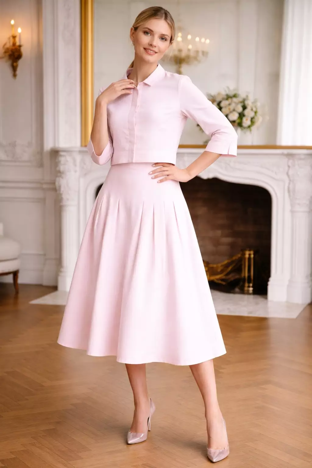  Demure Studio - Essentials Cropped Shirt & Skirt One Set Linen Soft Pink (One Set Shirt & Skirt)