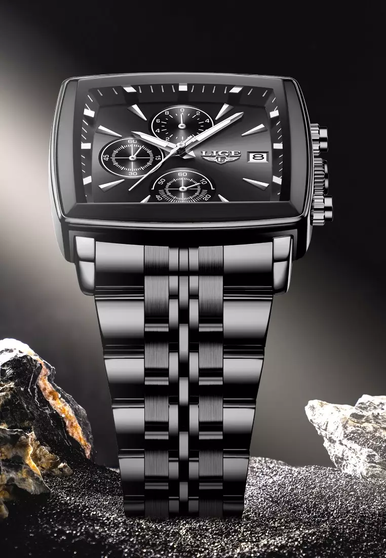 Chronograph Unisex IP Black Metal Alloy Quartz Watch 40X40mm, Black Dial, IP Black Stainless Steel Bracelet