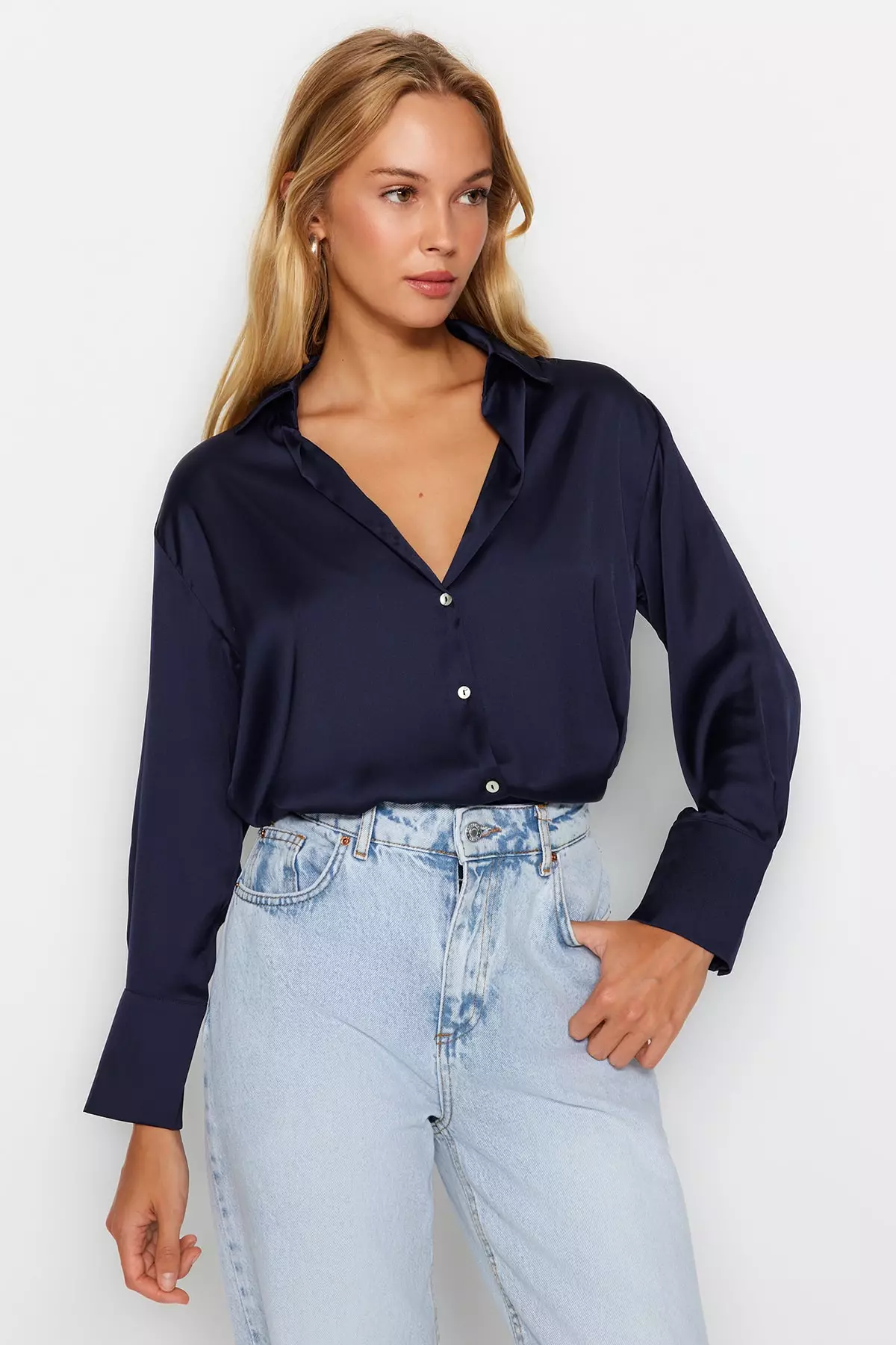 Navy Blue Oversize/Wide Fit Satin Woven Shirt Twoaw24Go211