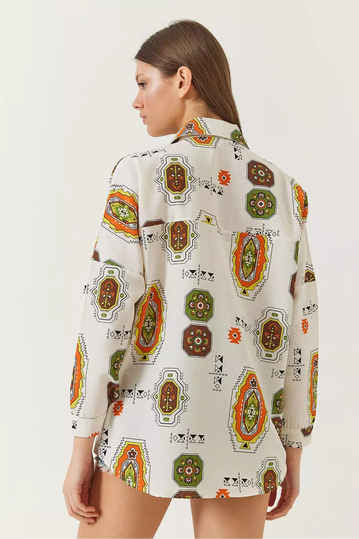 Women's Sleeve Folded Patterned Linen Shirt