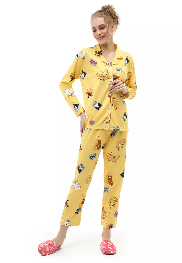 Vance Setelan Piyama Baju Tidur Wanita Lengan Panjang Motif Cat Home Material Cotton ORIGINAL - Yellow