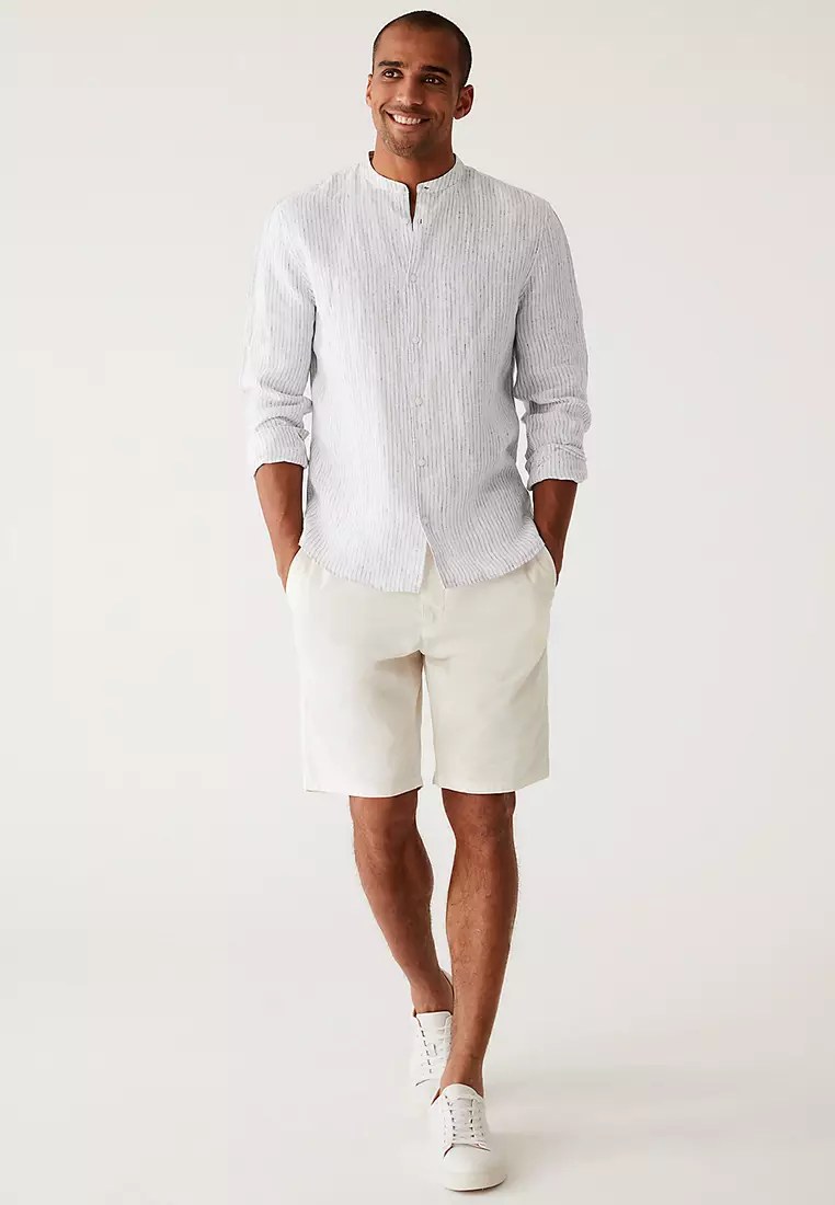 Pure Linen Striped Grandad Collar Shirt