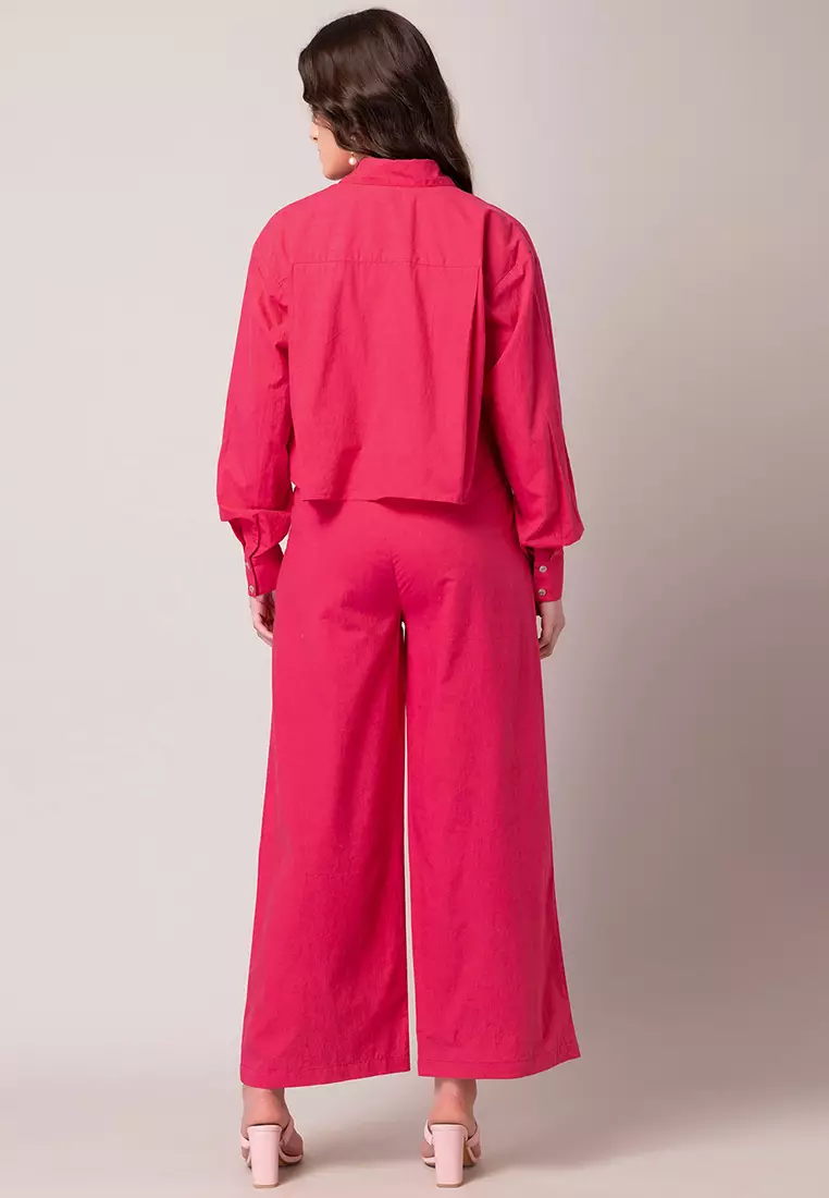 Hot Pink Buttoned Cotton Shirt And Pants Co-ord Set