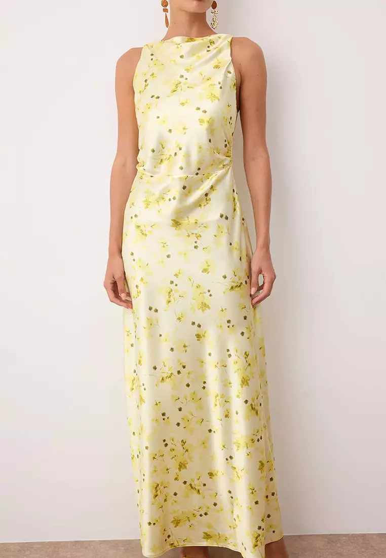 Yellow-Multicolored Plain Bodycon Woven Satin Maxi Evening & Graduation Dress