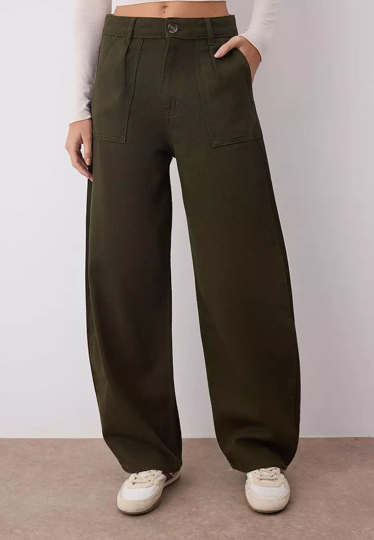 Khaki Barrel Pattern 100% Cotton Gabardine Trousers Twoaw26Pl00084