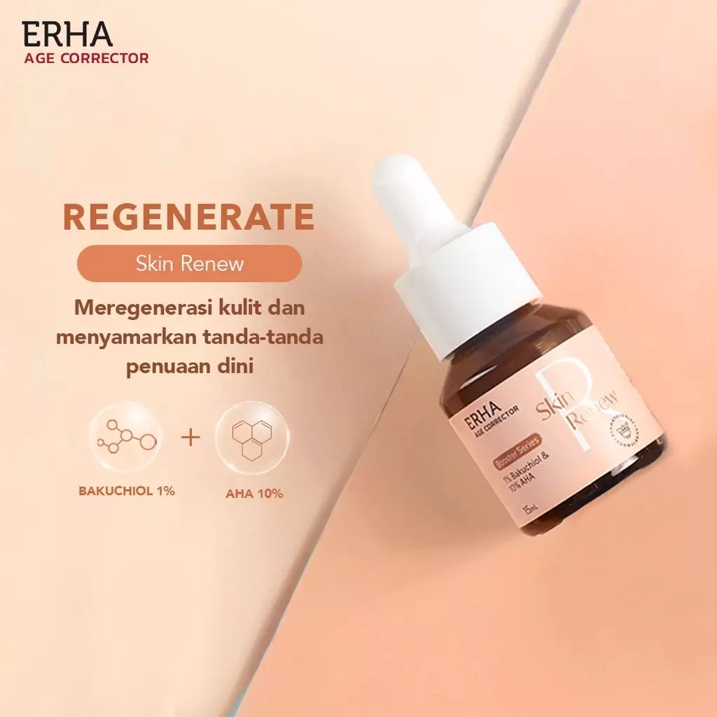 Erha Age Corrector Skin Renew Booster 15ml - 1% Bakuchiol & 10% AHA Booster Anti Aging | Alternatif Vegan Retinol | Meregerenasi Meremajakan Kulit | Menyamarkan Tanda Penuaan | Mencerahkan | Kolagen | Gentle untuk Kulit Sensitif