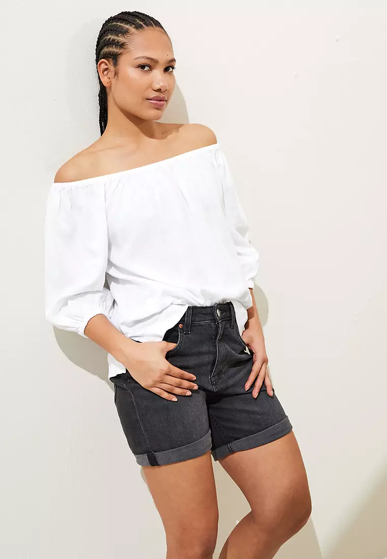 Linen Rich Bardot Puff Sleeve Blouse