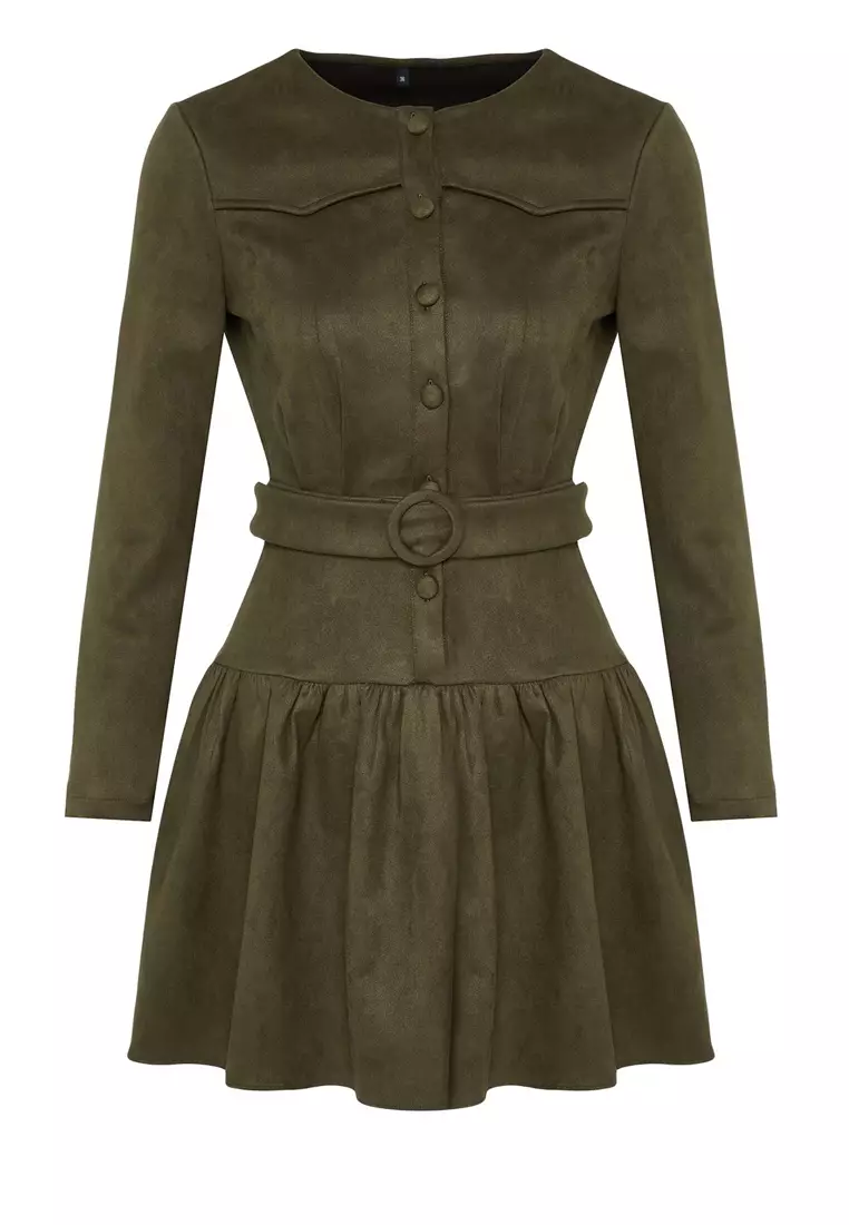 Khaki Arched Plain Short / Mini Woven Dress Twoaw25El00252
