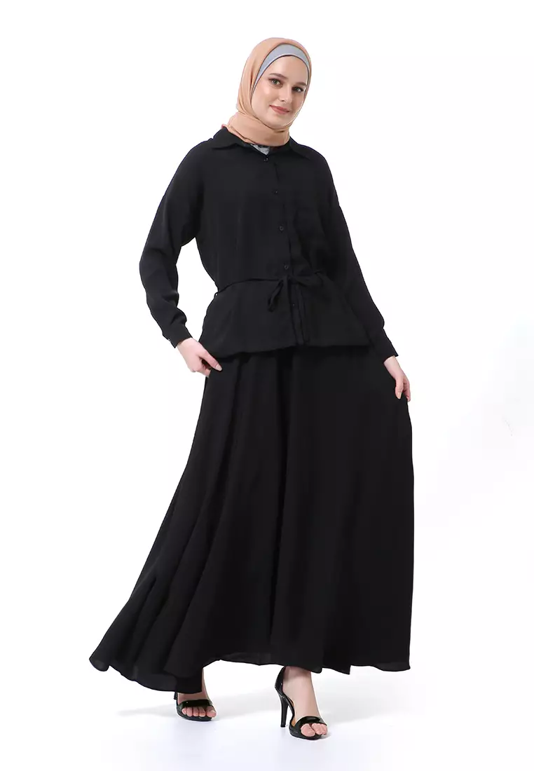 Biora Set Muslimah Atasan Bawahan Wanita Motif Polos High Quality Premium - Hitam