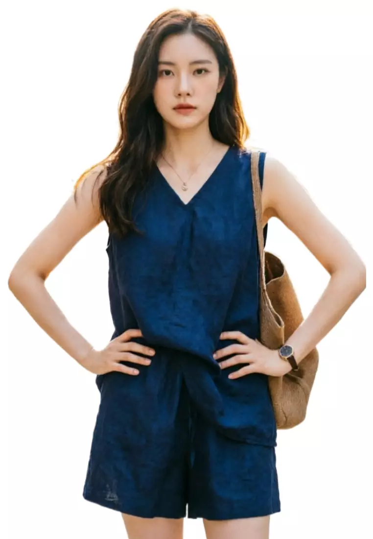 Korean-style Relaxed Linen Tank Top & Shorts Set CA26041054BL