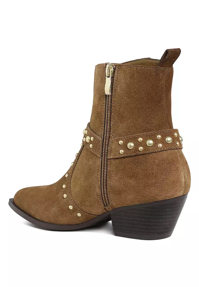 Studded Suede Ankle Boots in Taupe