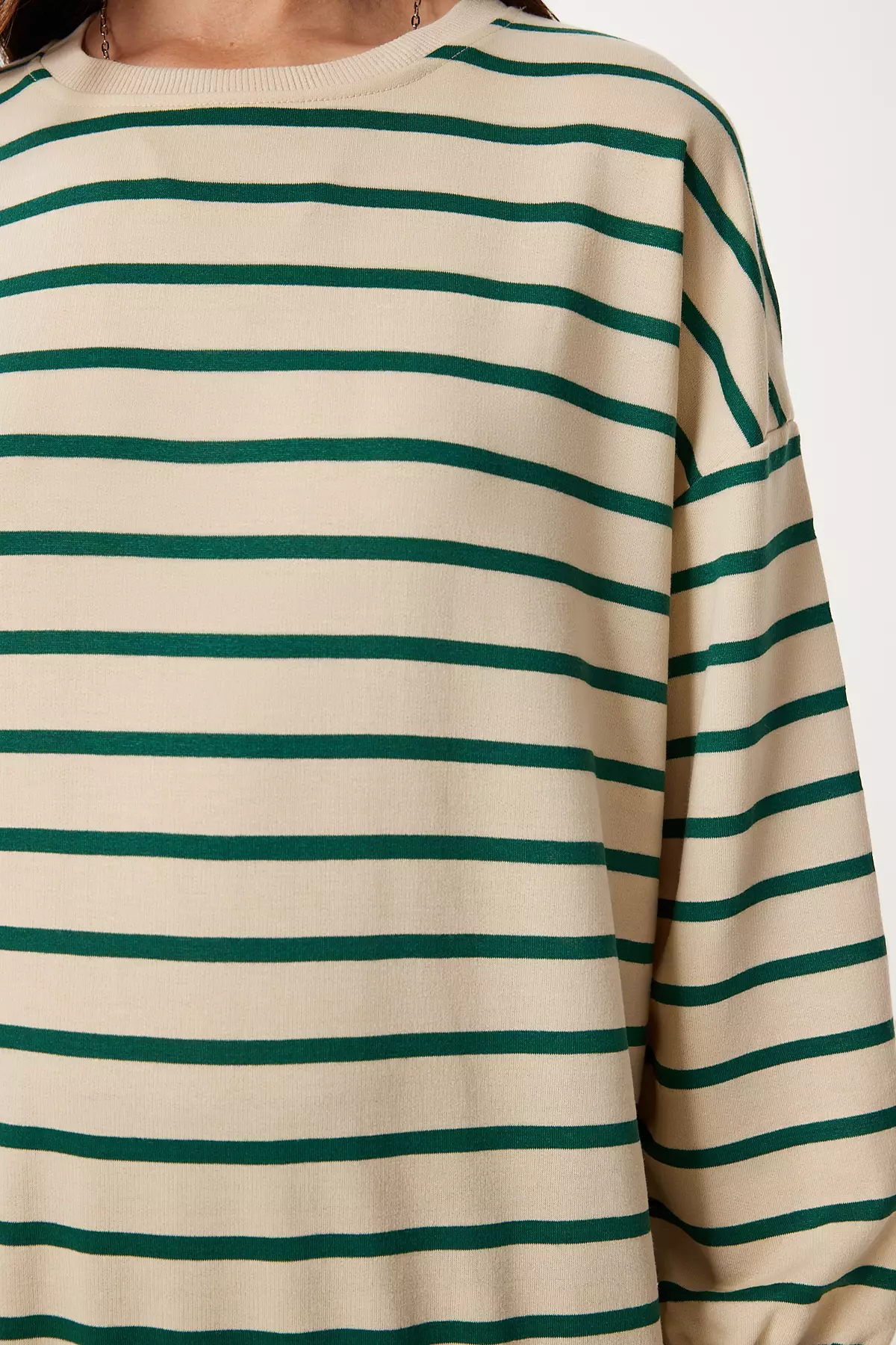 Women's Cream Green Striped Oversize Knitted Sweatshirt Zv00339