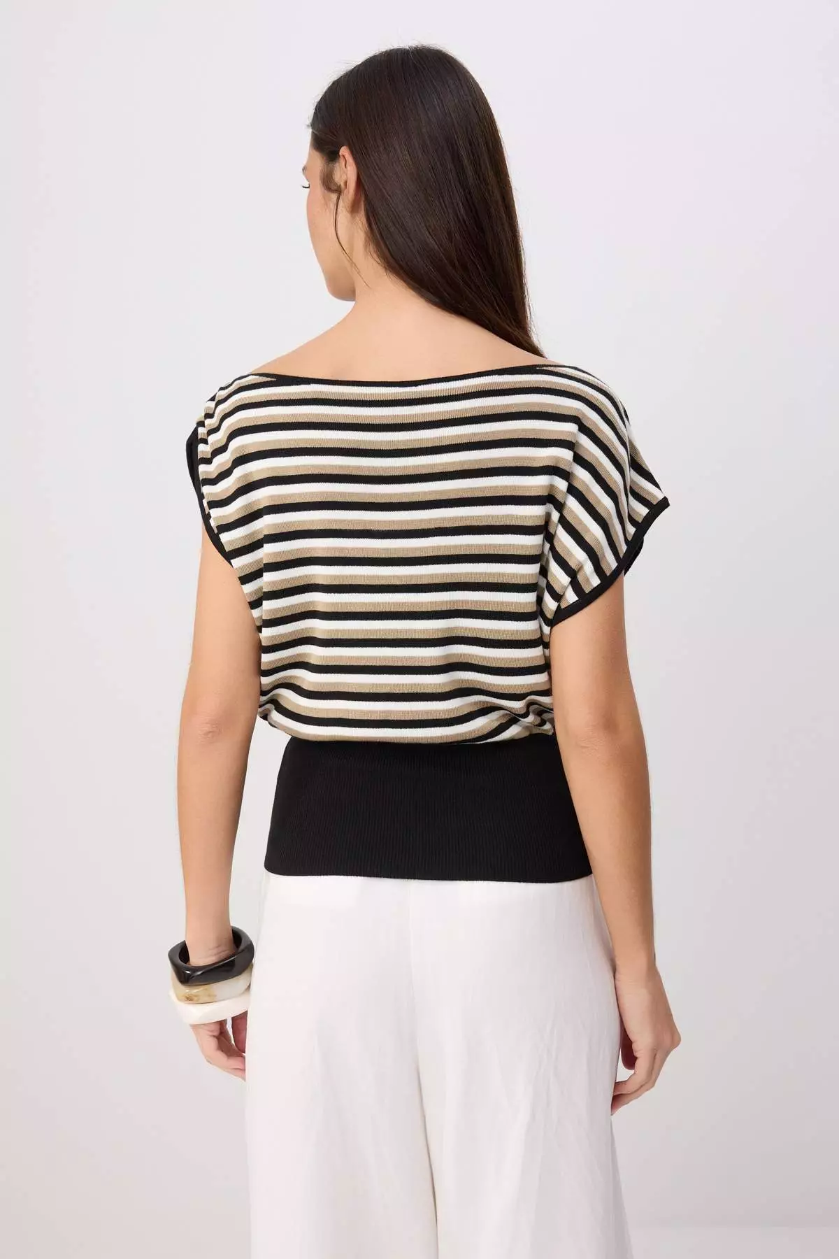 Black Striped Summer Special Yarn Boat Neck Waist Fitted Knitwear Blouse Twoss26Bz00313