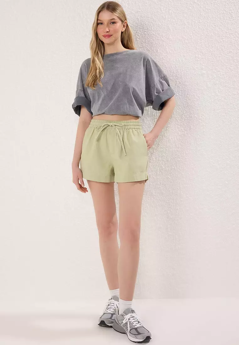 Khaki High Waist Elastic City Boy Denim Shorts Twoss25Sr00215