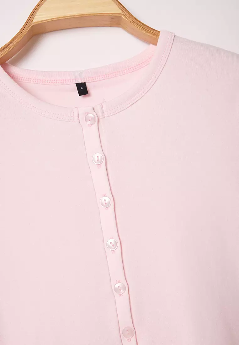 Pink Button Fitted/Body Fitted Knitted Blouse Twoss25Bz00281