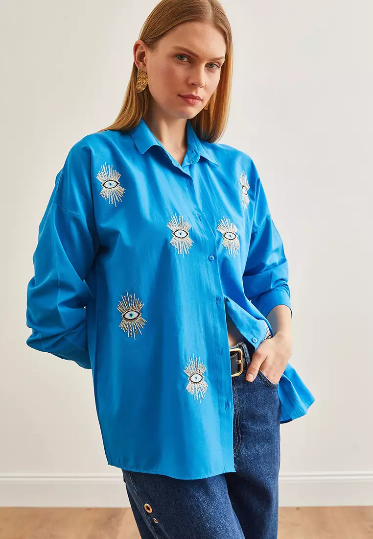 Eye Sequin Detailed Woven Boyfriend Shirt