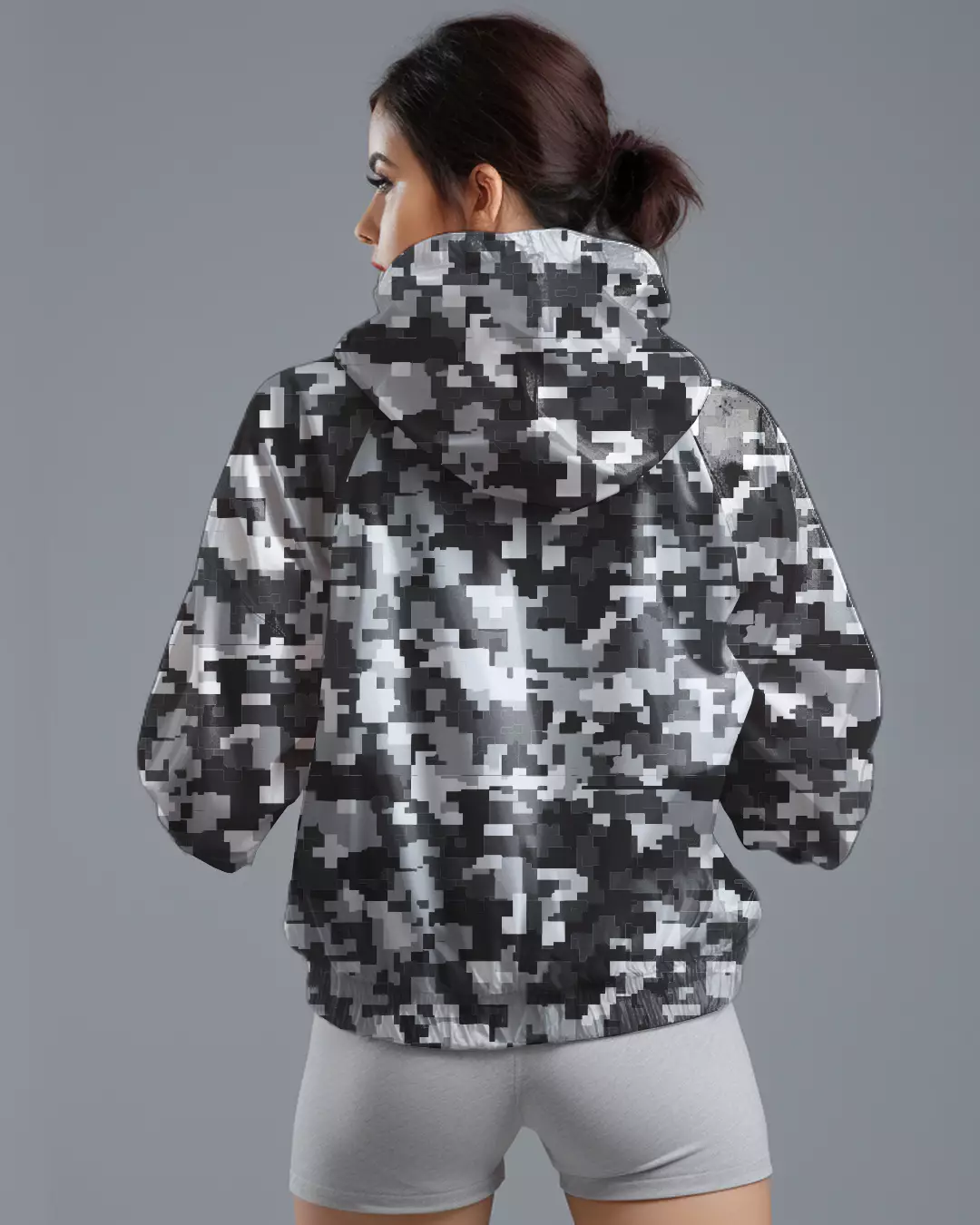 LSD72 Jaket Lari Olahraga Wanita Parasut motif "pixel camo" hitam abu