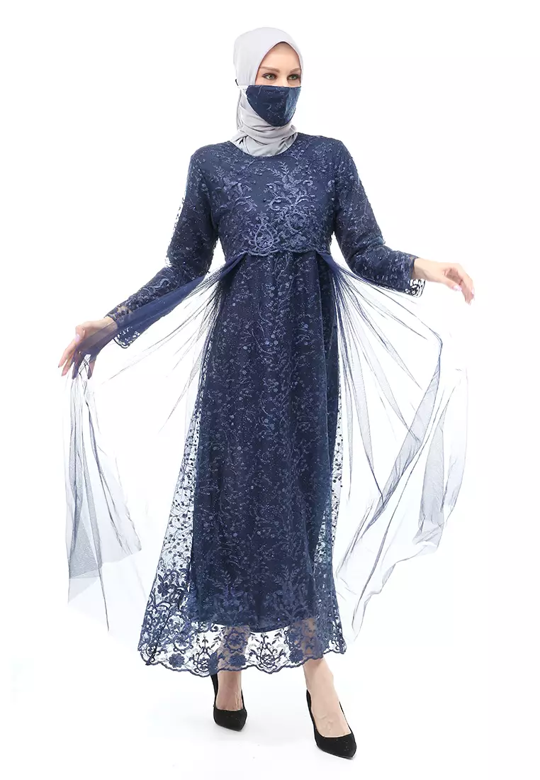 Marlina Gamis Kebaya Muslimah Panjang Motif Polos Long Sleeve Regular Fit - Navy