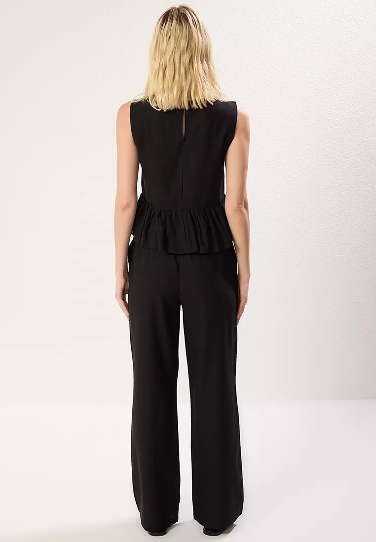 Black Linen Look Crew Neck Blouse Trousers Woven Top Bottom Set
