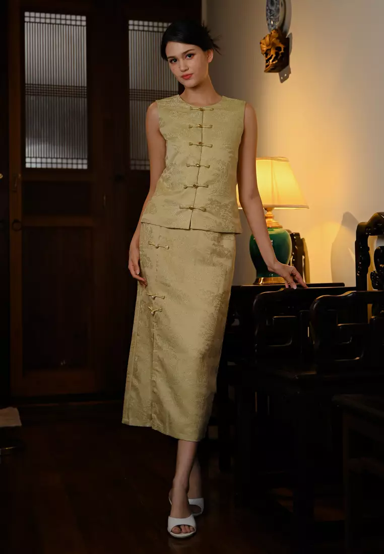 中式盘扣缎面半身裙