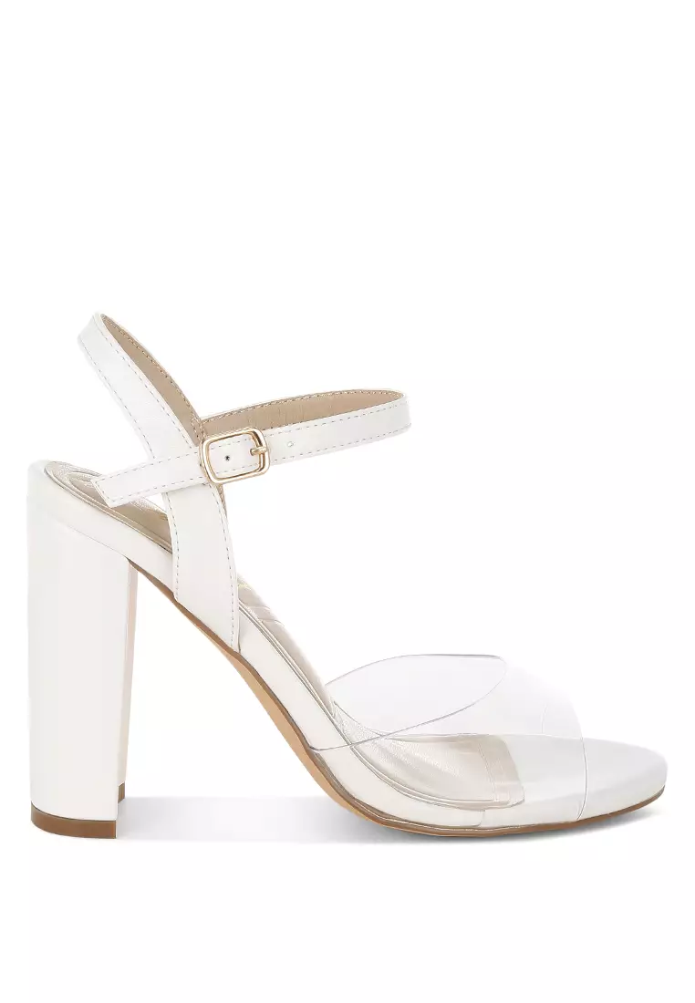 Clear Strap Block Heel Sandals in White