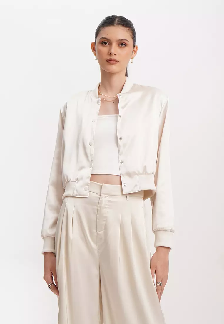 White satin bomber jacket deals