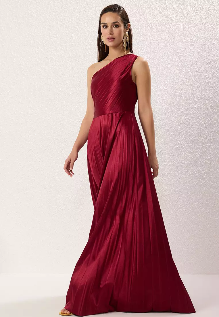 Burgundy Plain Skirt Opening at Waist Pleated Knitted Satin Maxi Evening Night Graduation Dress TPRSS25AE00161