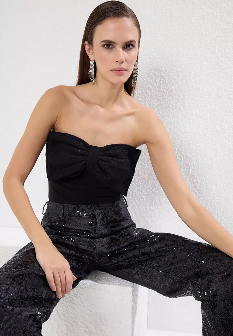 Strapless Bow Snap Knitted Stylish Bodysuit