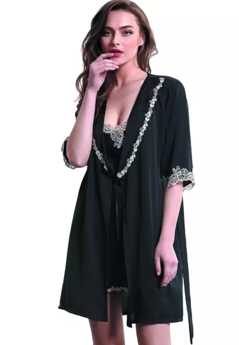 LDB5065 Lady Sexy Lace Sleepwear Two Pieces Set  Black