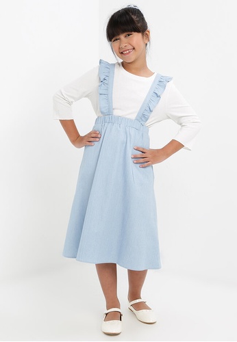Lubna Kids white and blue Top With Overalls Skirt Set A5073KAD22707BGS_1