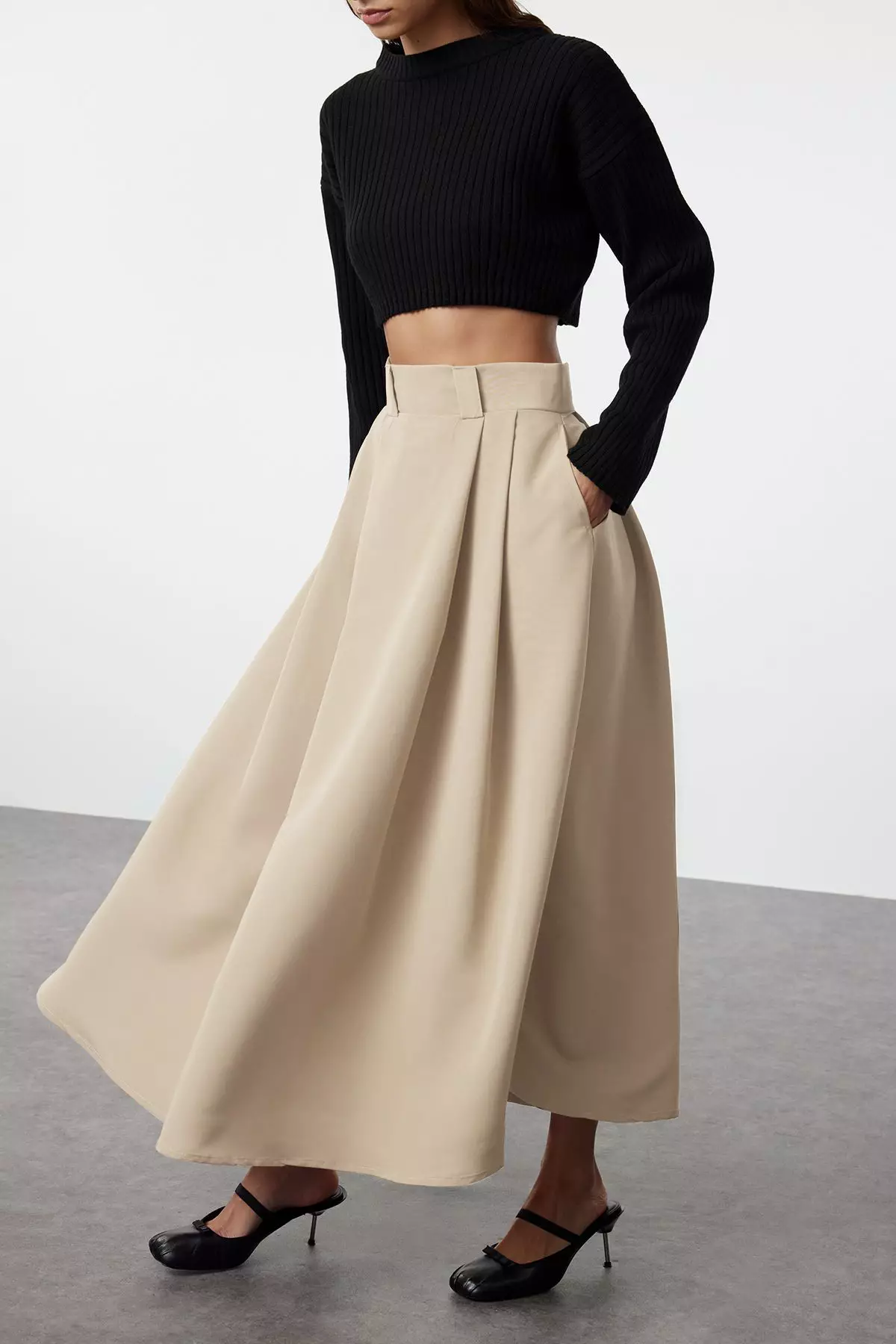 Beige Pleated Maxi Length Skirt