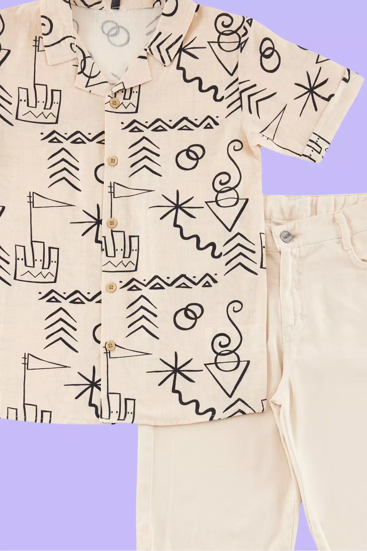 Boy Beige Print Cotton Shirt-Jean Set Tkdss24Au00002