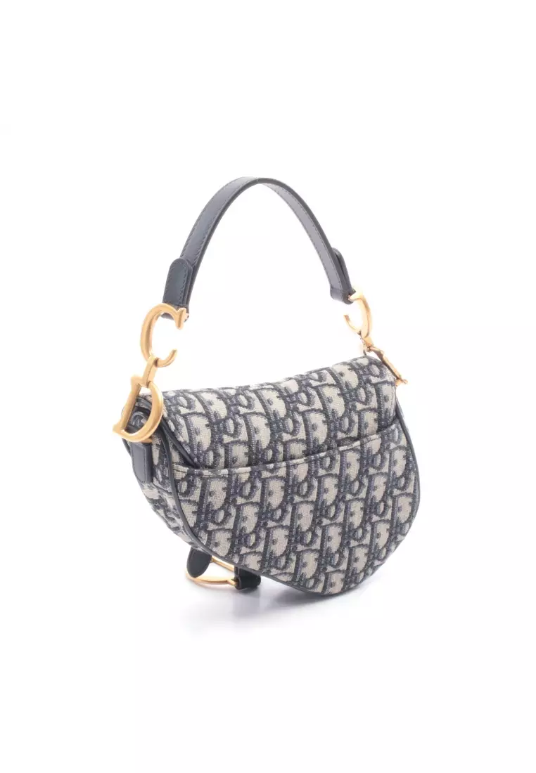 Pre-Loved Christian Dior saddle bag mini oblique jacquard Handbag canvas leather ivory Navy With optional shoulder strap 2WAY