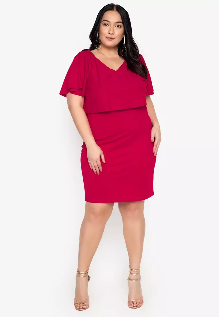 Buy Curvy Plus Size Cape Sleeves Plain Sheath Dress 2024 Online