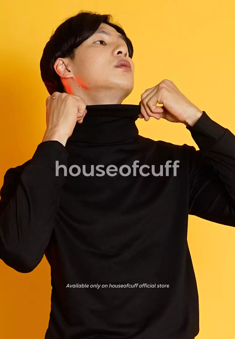 Turtle Neck pria lengan panjang hitam kaos kerah tinggi slim fit houseofcuff