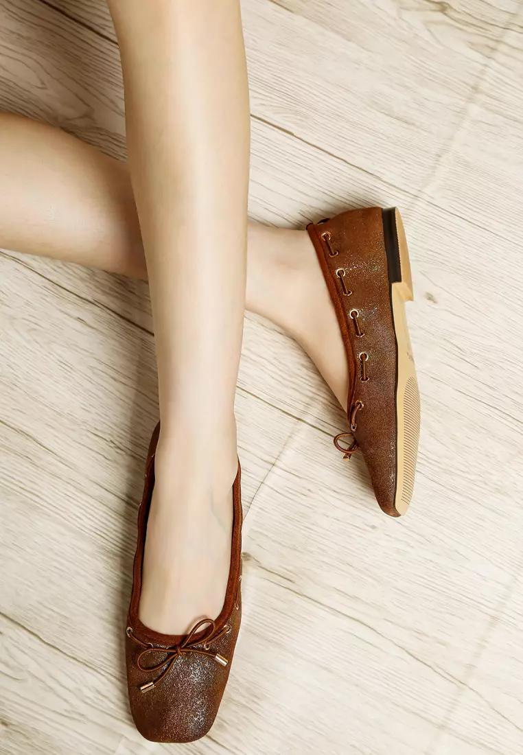 Brown Drawstring Bow Ballerinas