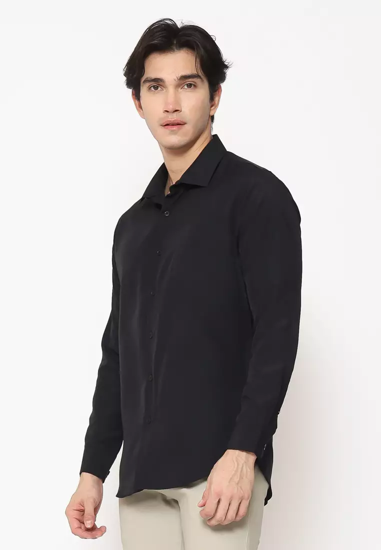 MAGINOT Kemeja Pria Basic Polos Panjang BLACK