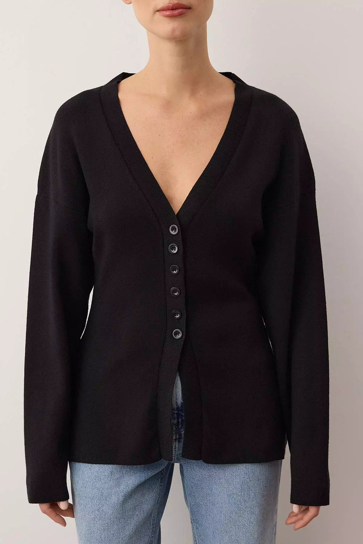 Black V-Neck Mercerized Look Premium Yarn/Special Yarn Knitwear Cardigan Twoaw26Hi79