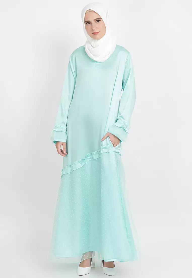 JV Hasanah Sahara Snow Dress Mint | Gamis Roberto Cavali Organza